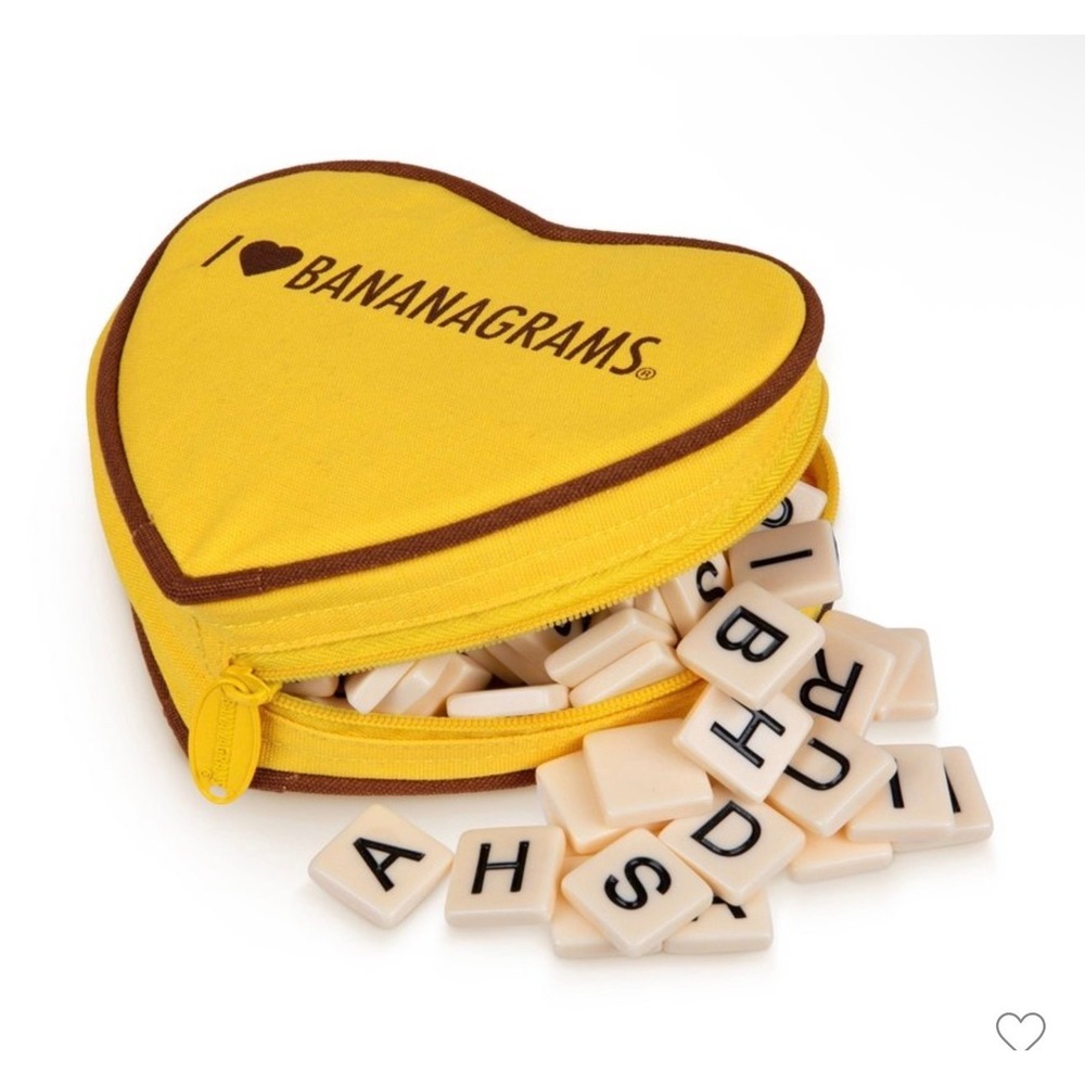 I Heart Bananagrams Word Game Yellow Heart Shaped Zipper Pouch Travel Tile Game